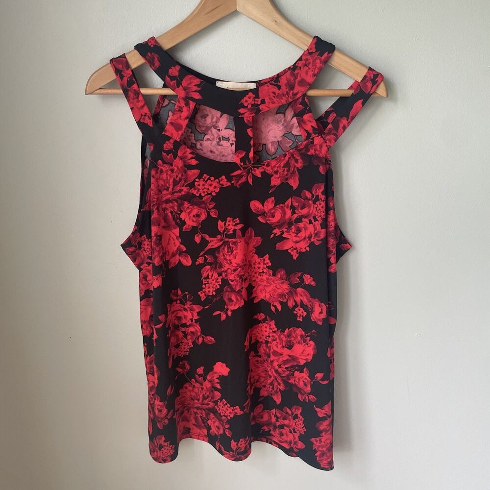 Diana Belle Womens Sz XL Red Black Floral Blouse tank Strappy cut out Roses‎